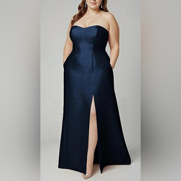 NWOT ALFRED SUNG Strapless Satin A-Line with pockets midnight blue sz 18 Gown - Picture 6 of 7